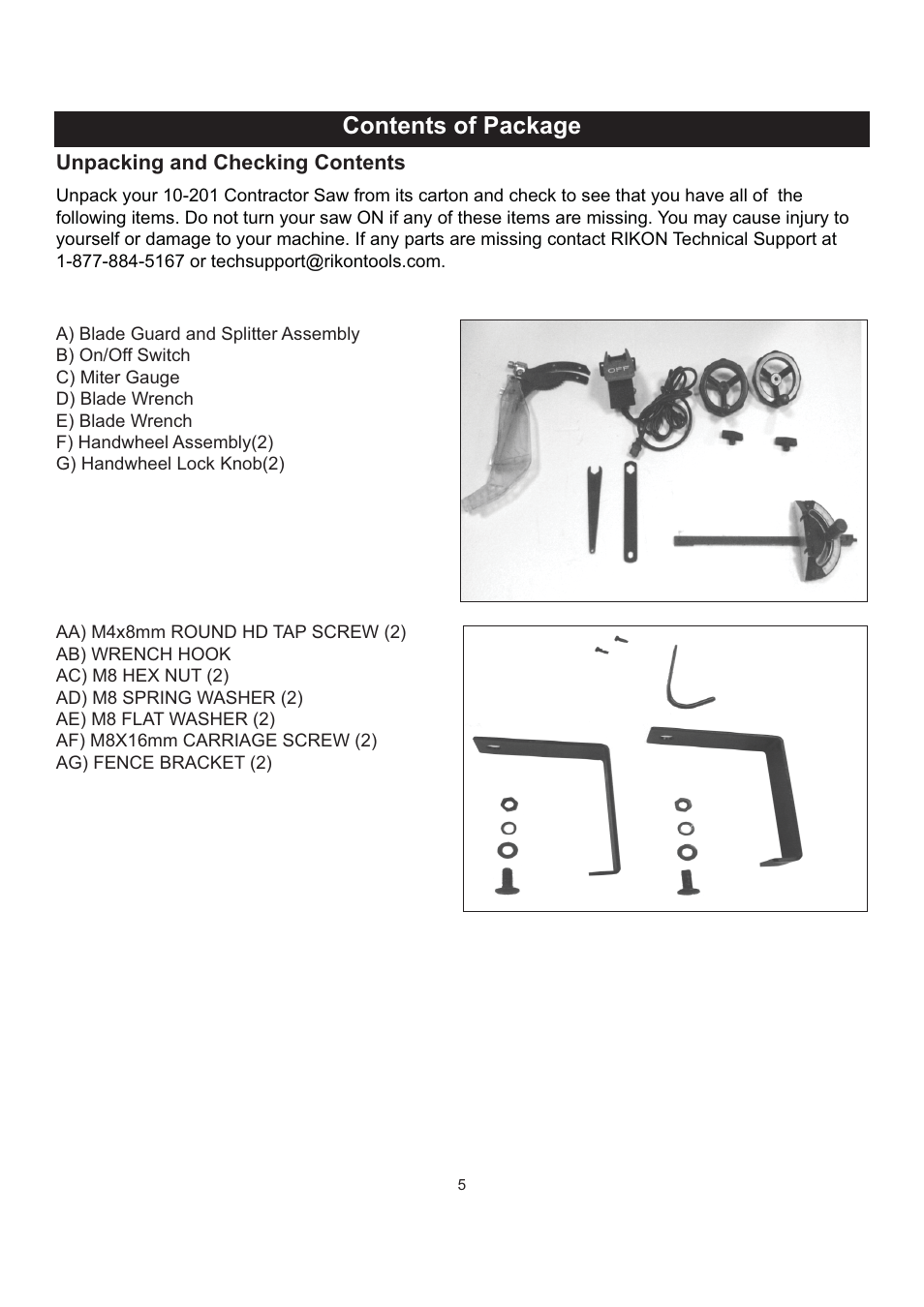 Contents of package | RIKON Power Tools 10-201 User Manual | Page 5 / 40