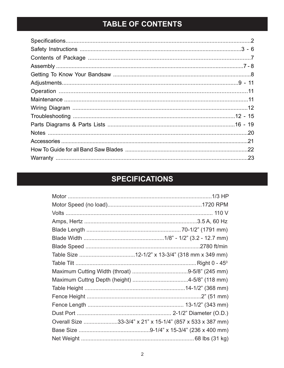 Table of contents specifications | RIKON Power Tools 10-305 User Manual | Page 2 / 24