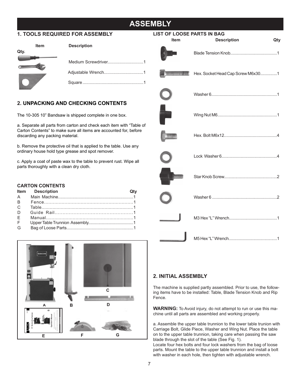 Assembly, Unpacking and checking contents, Initial assembly | Tools required for assembly | RIKON Power Tools 10-305 User Manual | Page 7 / 24