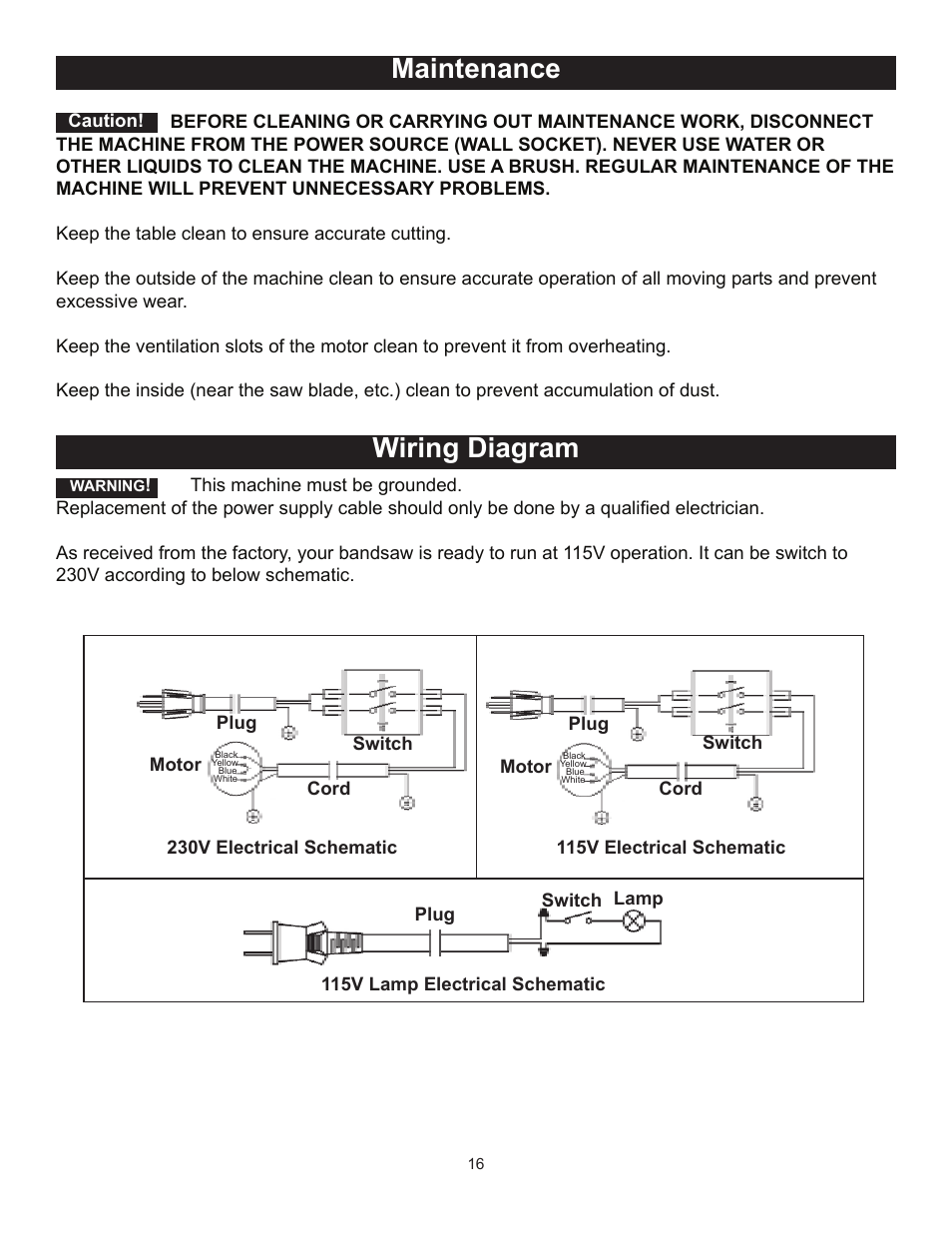 Maintenance wiring diagram | RIKON Power Tools 10-315 User Manual | Page 16 / 28