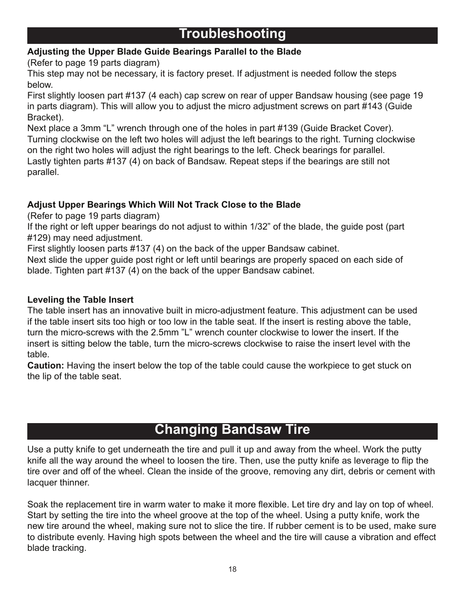 Changing bandsaw tire troubleshooting | RIKON Power Tools 10-315 User Manual | Page 18 / 28