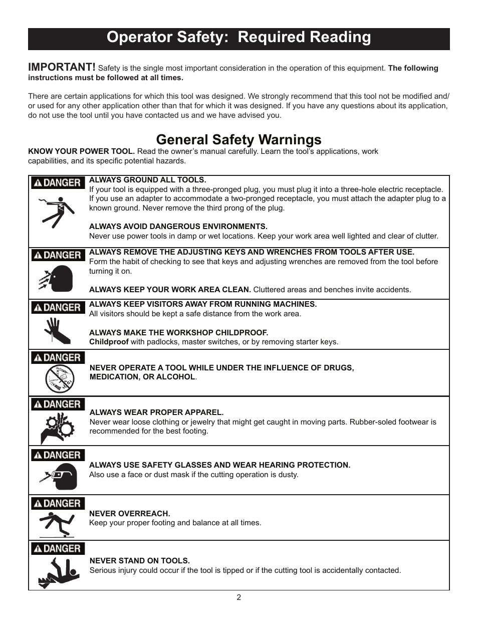 Operator safety: required reading, General safety warnings, Important | RIKON Power Tools 10-315 User Manual | Page 2 / 28