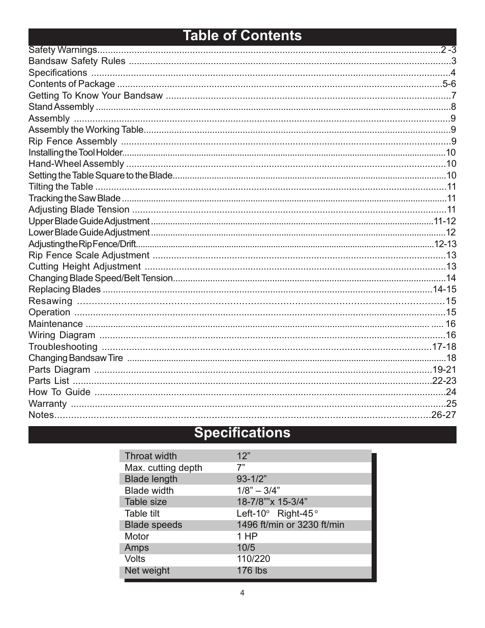 Specifications table of contents | RIKON Power Tools 10-315 User Manual | Page 4 / 28