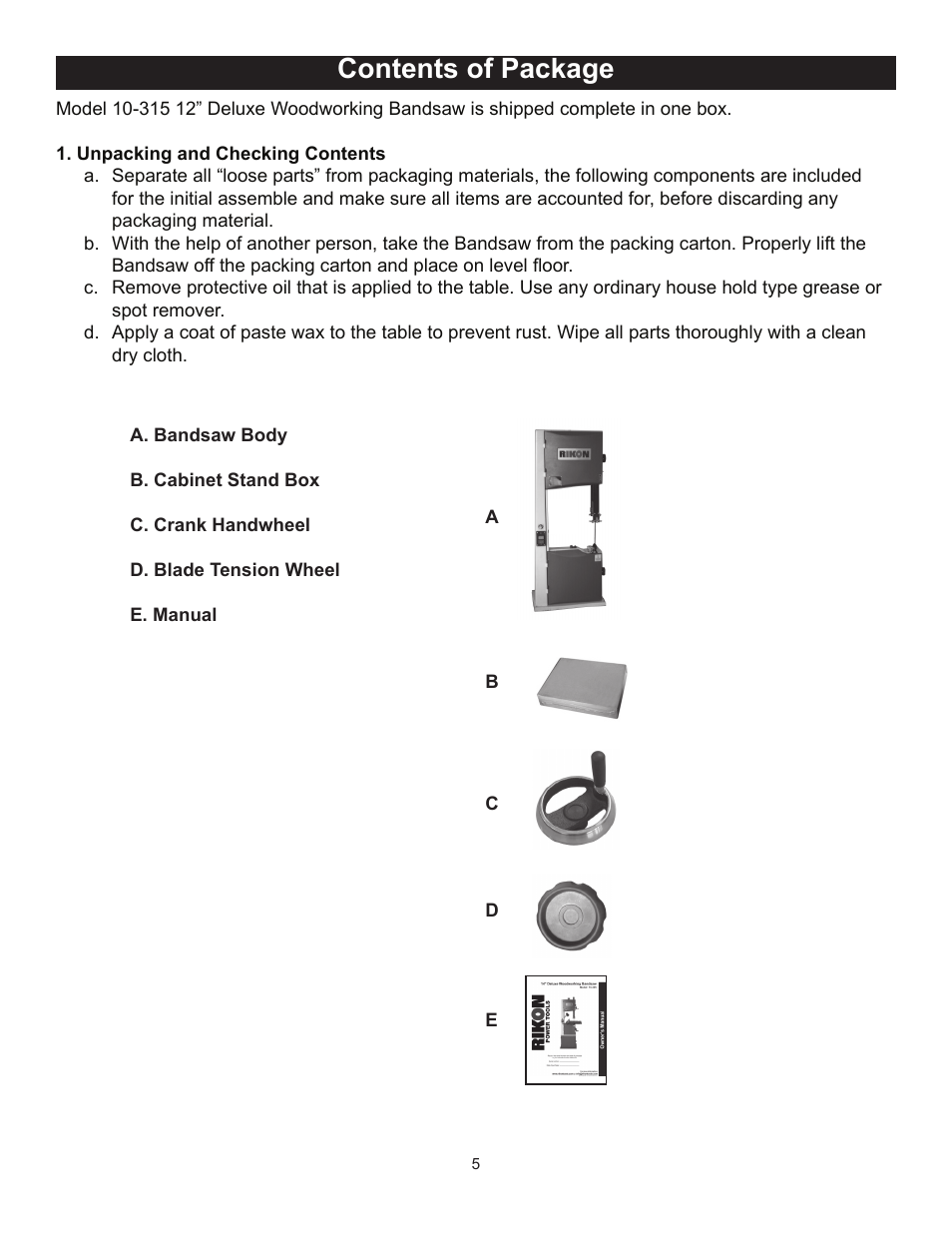 Contents of package | RIKON Power Tools 10-315 User Manual | Page 5 / 28