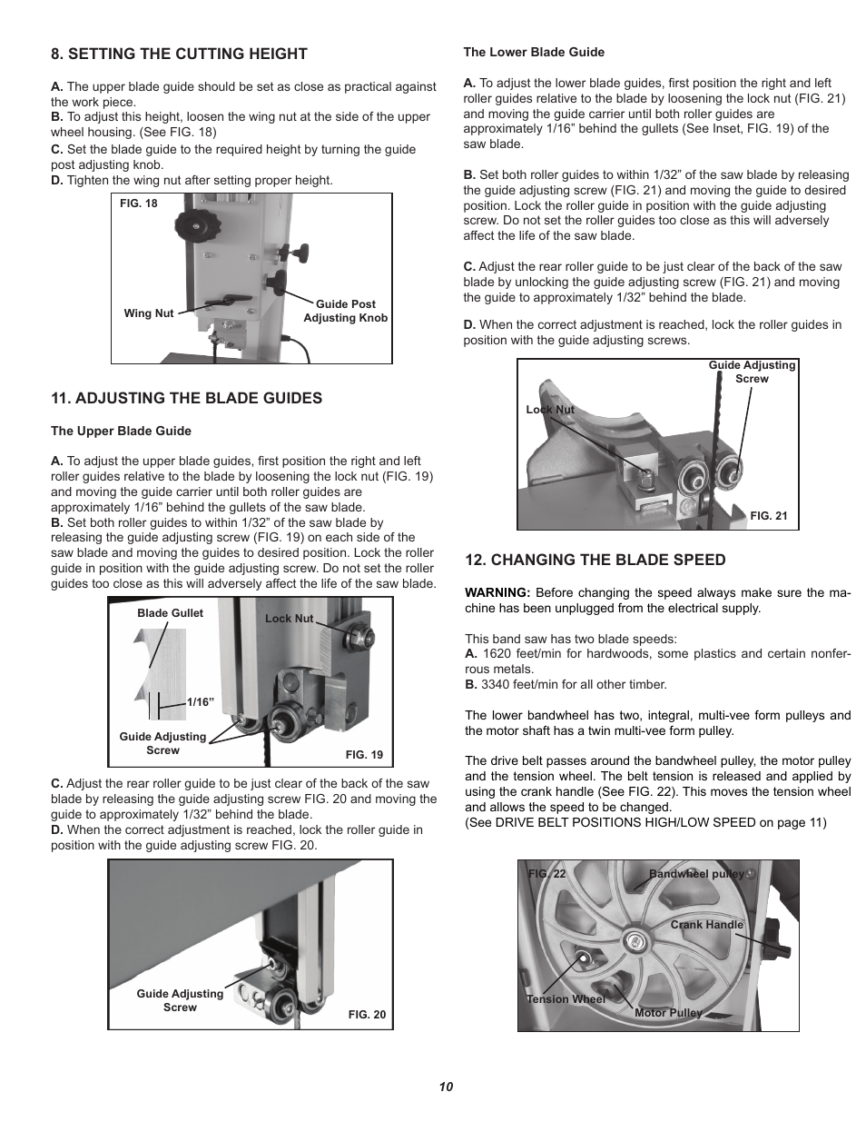 Changing the blade speed, Setting the cutting height, Adjusting the blade guides | RIKON Power Tools 10-321 User Manual | Page 10 / 52