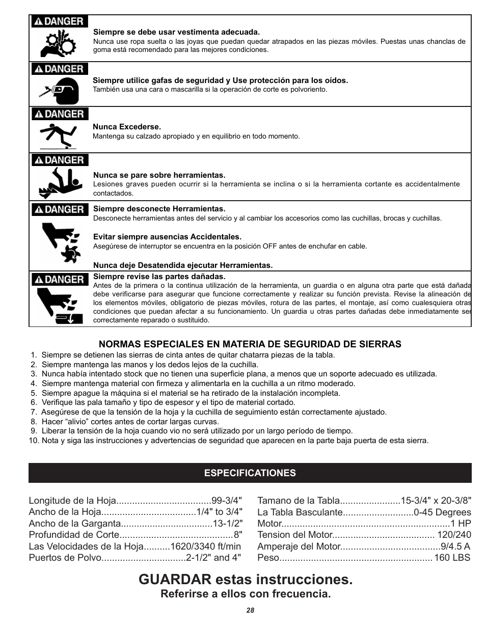 Guardar estas instrucciones, Referirse a ellos con frecuencia | RIKON Power Tools 10-321 User Manual | Page 28 / 52