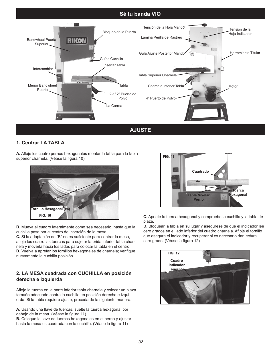 Ajuste, Sé tu banda vio, Centrar la tabla | RIKON Power Tools 10-321 User Manual | Page 32 / 52