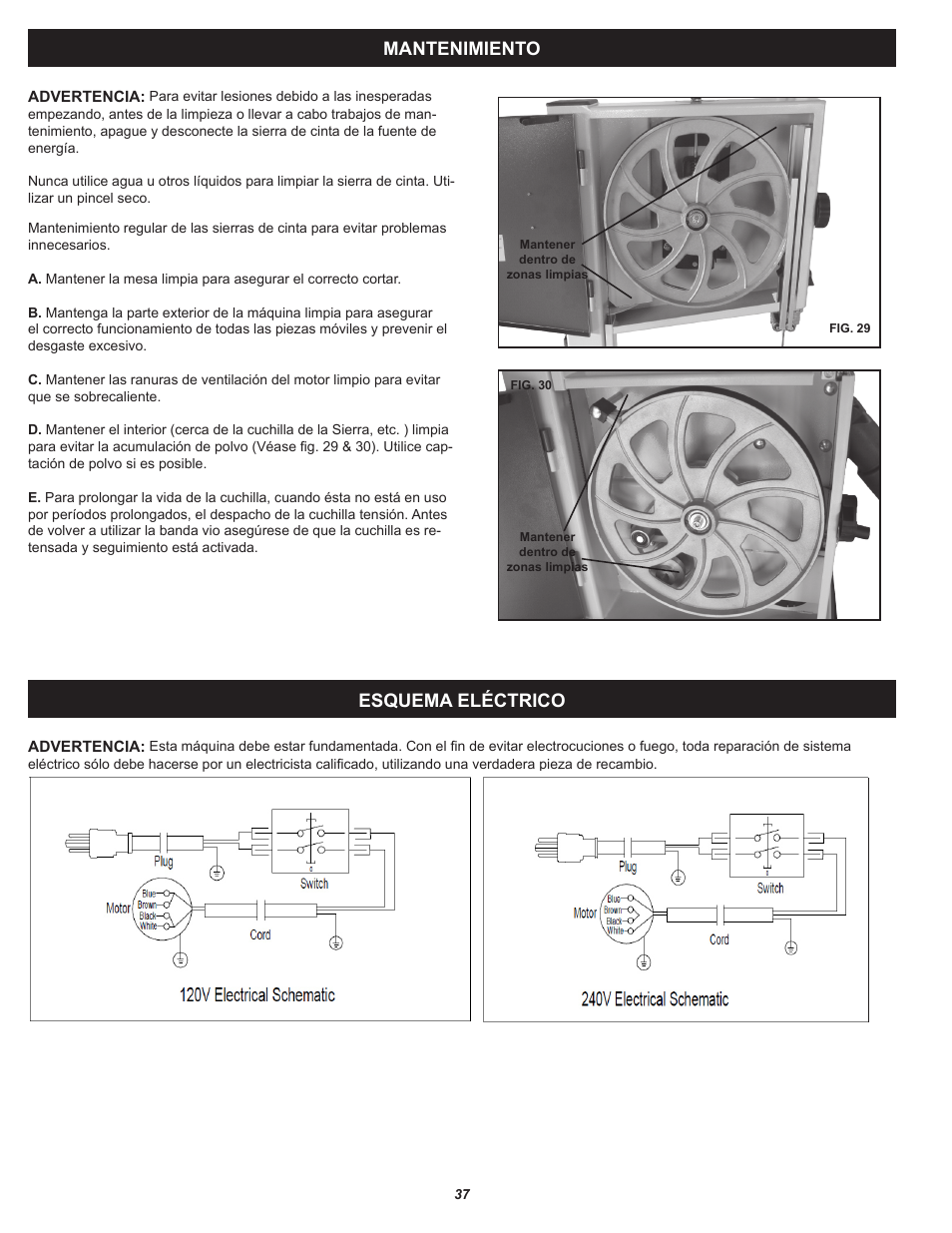 Esquema eléctrico, Mantenimiento | RIKON Power Tools 10-321 User Manual | Page 37 / 52