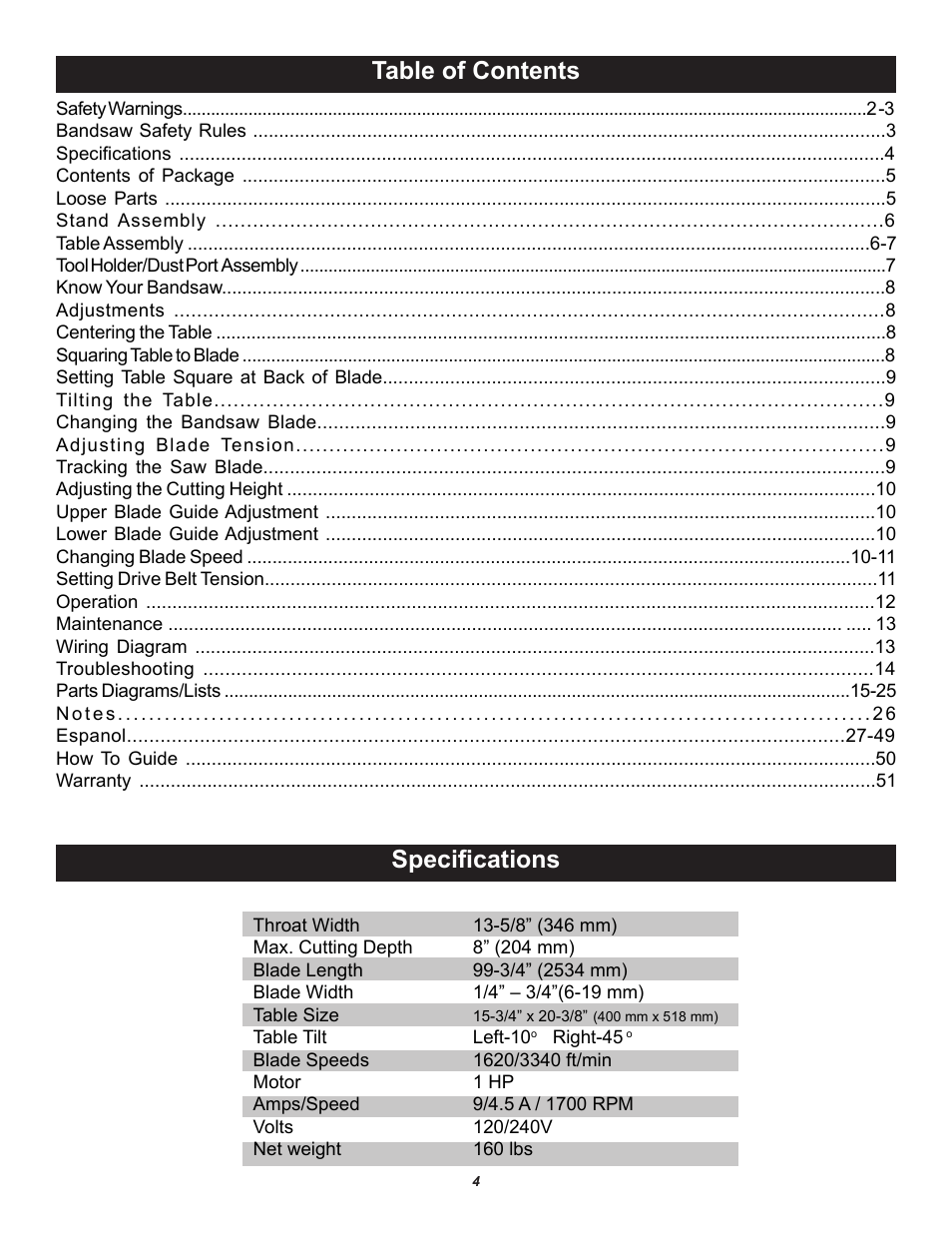 Table of contents specifications | RIKON Power Tools 10-321 User Manual | Page 4 / 52