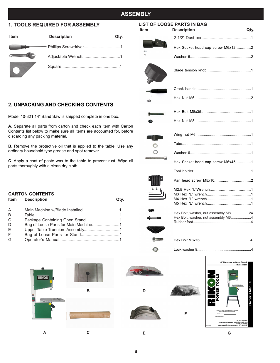 Assembly, Unpacking and checking contents, Tools required for assembly | RIKON Power Tools 10-321 User Manual | Page 5 / 52