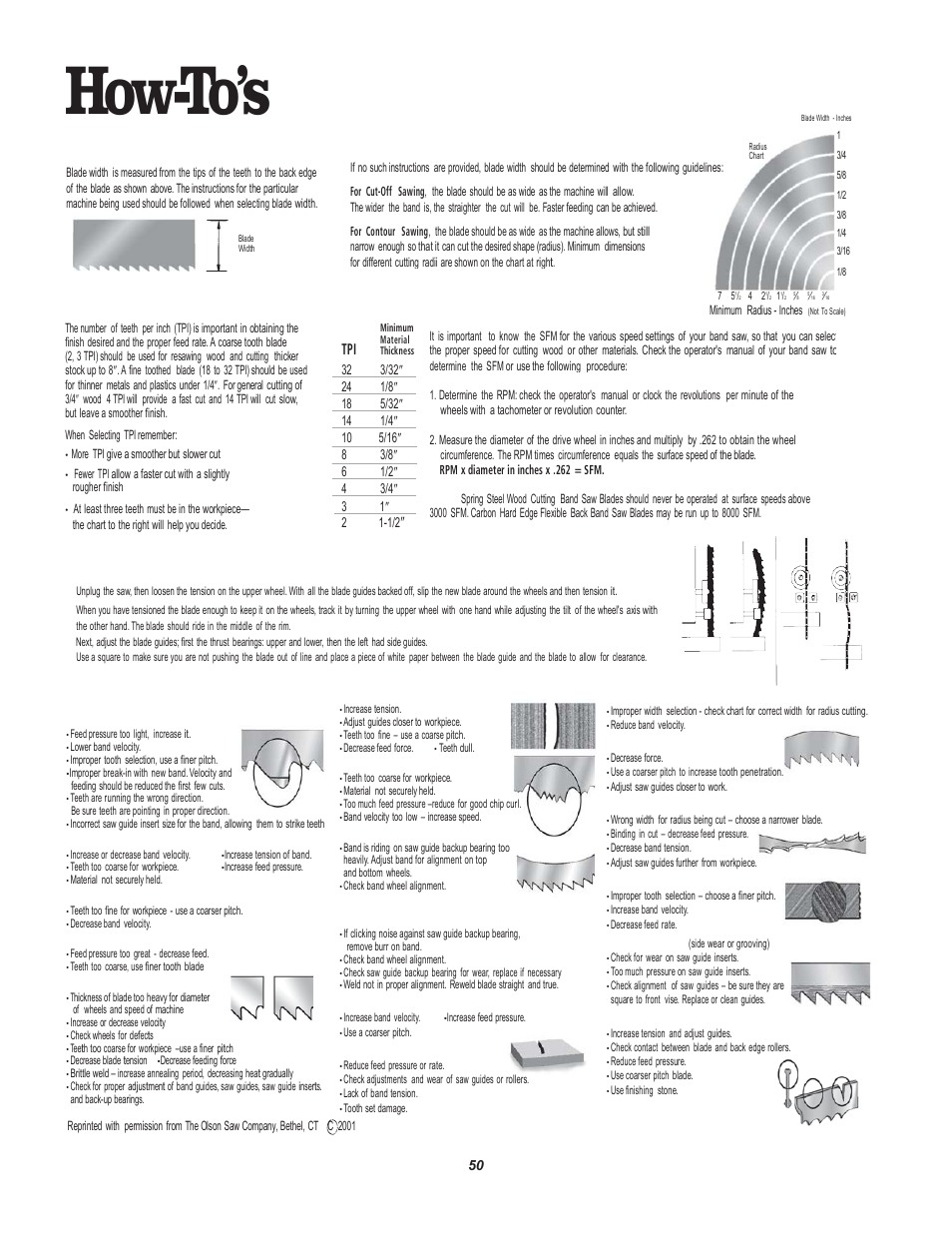 How-to’s, For all band saw blade s, Choosing the correct blade width | Installing your band saw blade, Diagnosing problems, Right right wrong wrong | RIKON Power Tools 10-321 User Manual | Page 50 / 52