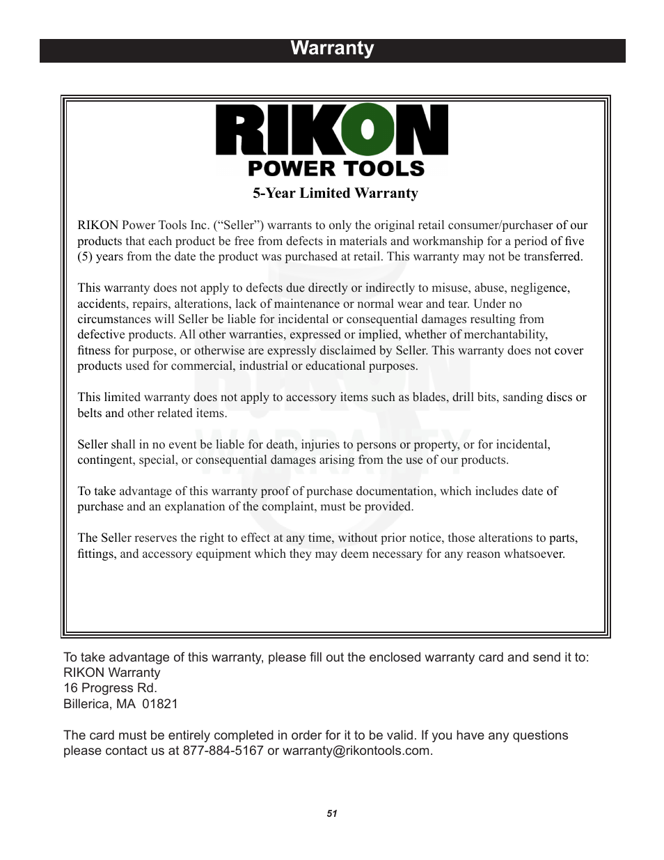 Warranty | RIKON Power Tools 10-321 User Manual | Page 51 / 52