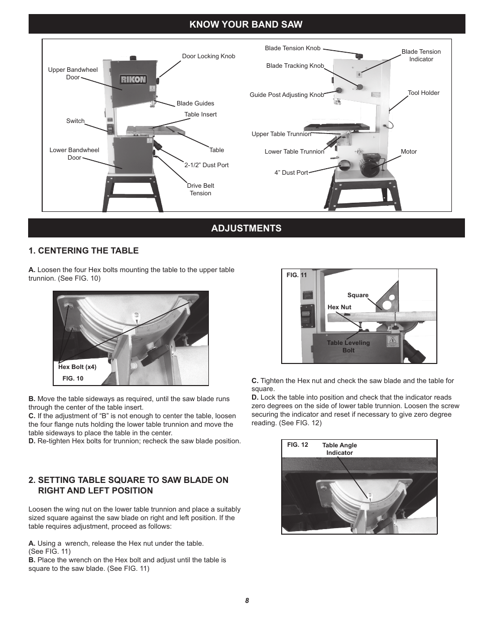 Adjustments, Know your band saw, Centering the table | RIKON Power Tools 10-321 User Manual | Page 8 / 52