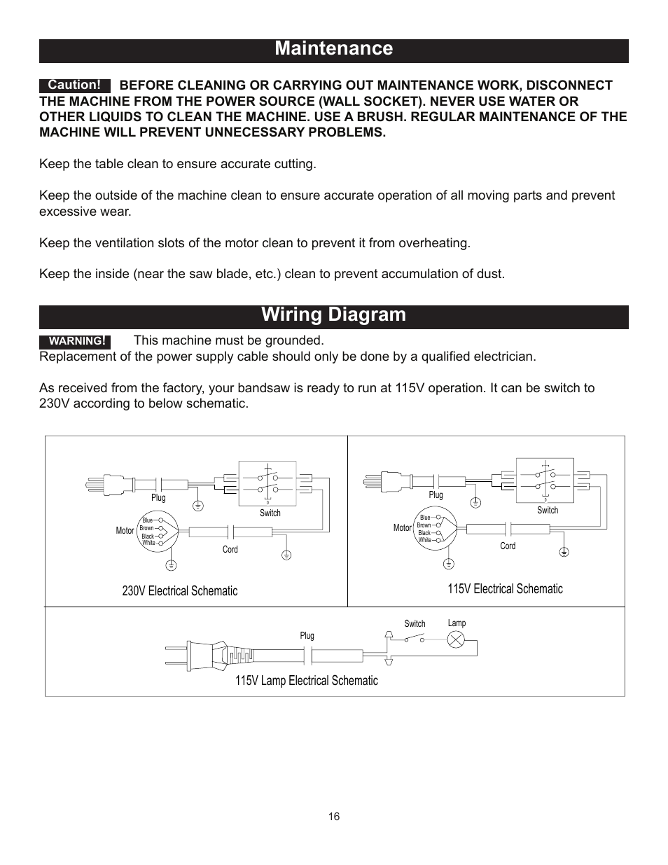 Maintenance wiring diagram, 230v electrical schematic, 115v electrical schematic | 115v lamp electrical schematic | RIKON Power Tools 10-325 User Manual | Page 16 / 28