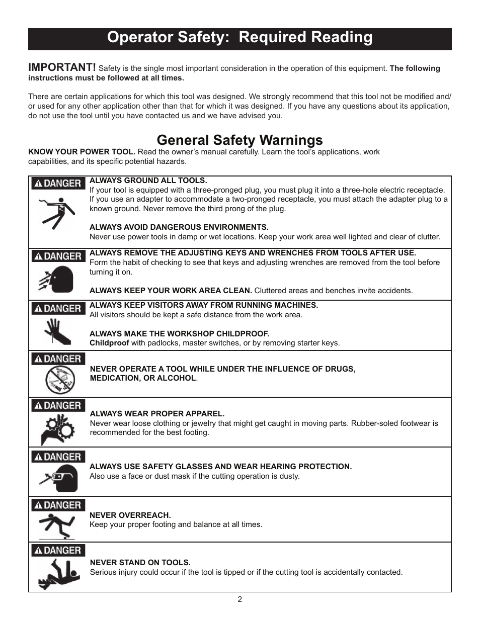 Operator safety: required reading, General safety warnings, Important | RIKON Power Tools 10-325 User Manual | Page 2 / 28