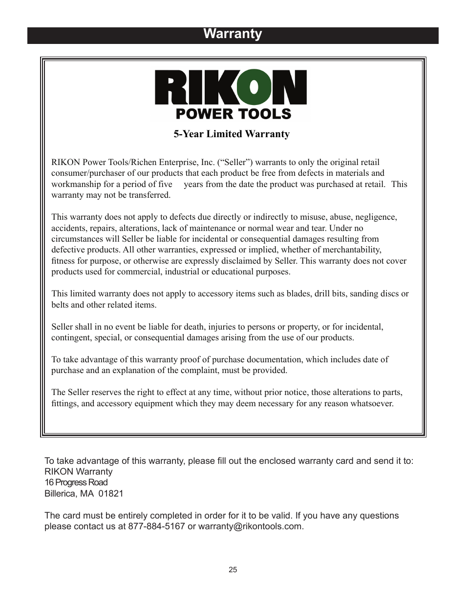 Warranty | RIKON Power Tools 10-325 User Manual | Page 25 / 28