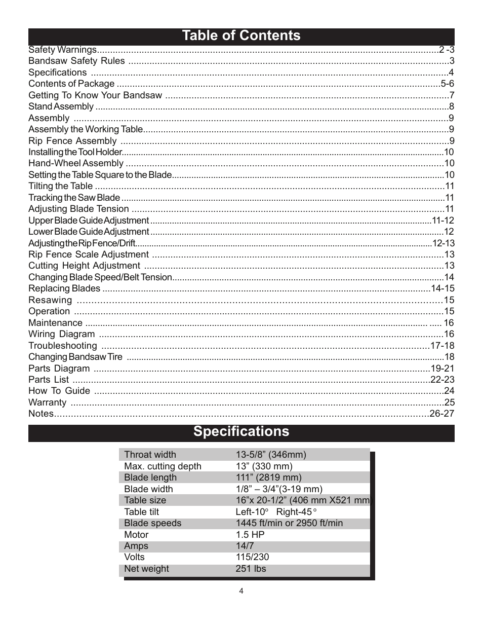Specifications table of contents | RIKON Power Tools 10-325 User Manual | Page 4 / 28