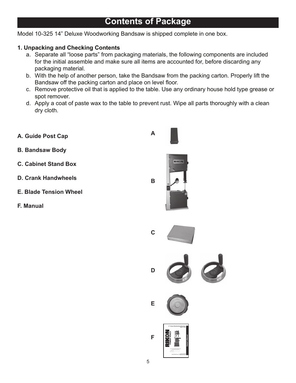 Contents of package | RIKON Power Tools 10-325 User Manual | Page 5 / 28