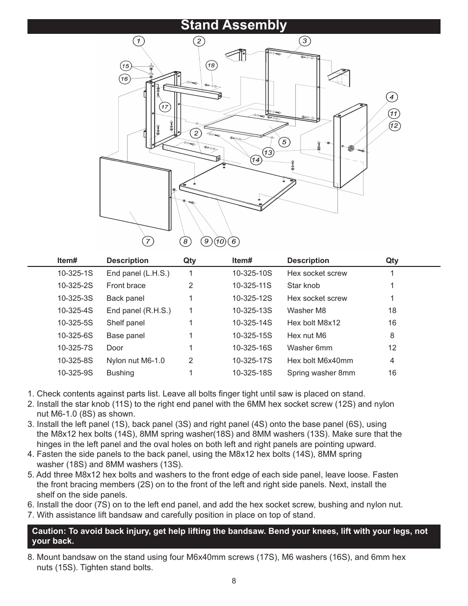 Stand assembly | RIKON Power Tools 10-325 User Manual | Page 8 / 28