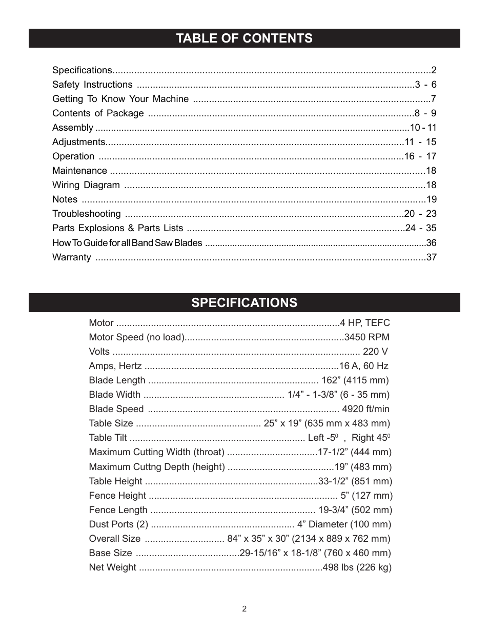 Table of contents specifications | RIKON Power Tools 10-346 User Manual | Page 2 / 38