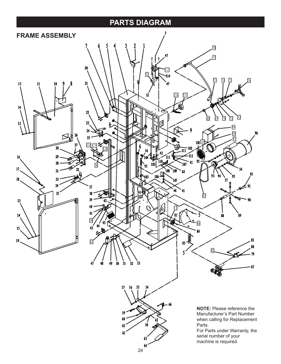 Parts diagram, Frame assembly | RIKON Power Tools 10-346 User Manual | Page 24 / 38