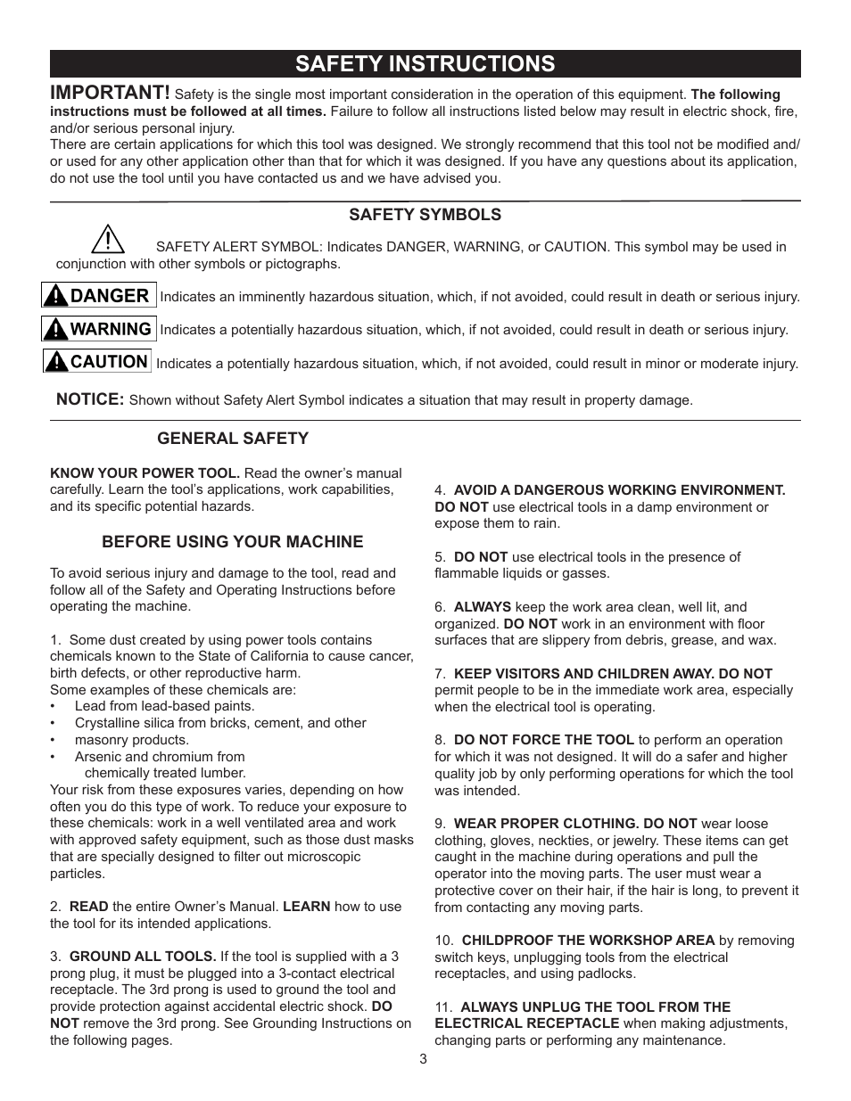 Safety instructions, Important | RIKON Power Tools 10-346 User Manual | Page 3 / 38