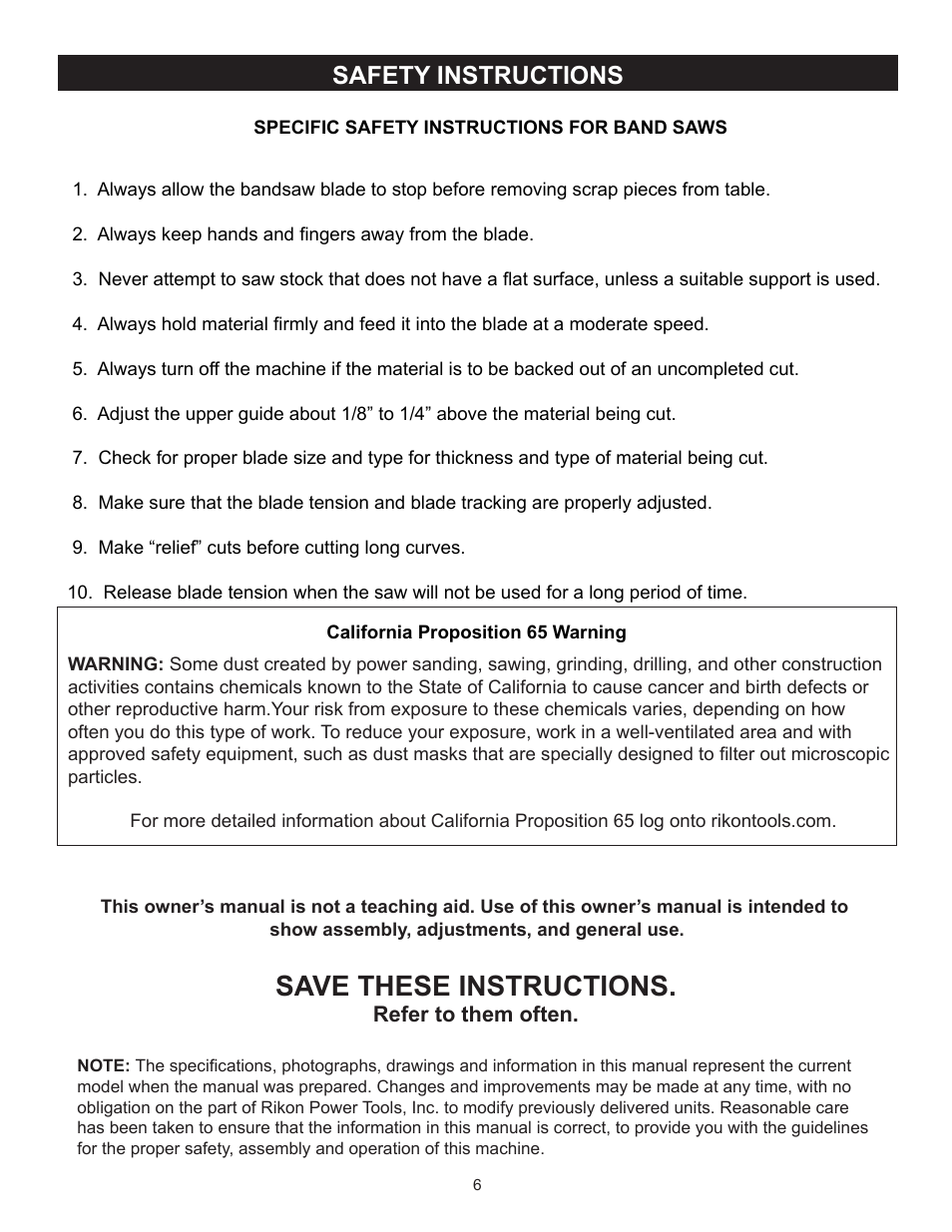 Save these instructions, Safety instructions | RIKON Power Tools 10-346 User Manual | Page 6 / 38