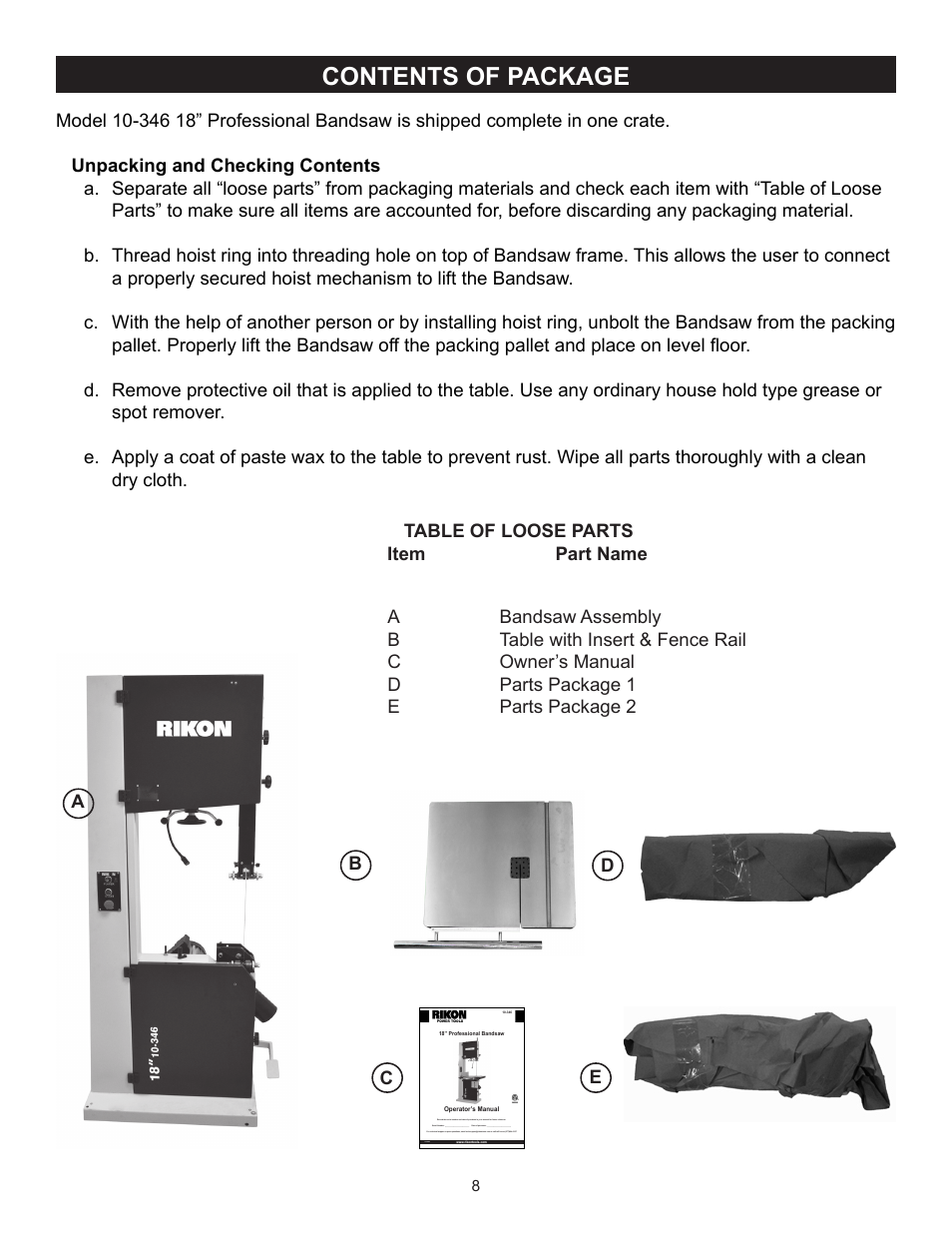 Contents of package | RIKON Power Tools 10-346 User Manual | Page 8 / 38