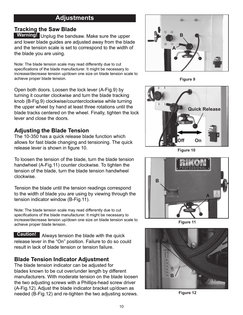 Adjustments, Tracking the saw blade, Adjusting the blade tension | Blade tension indicator adjustment | RIKON Power Tools 10-350BAL User Manual | Page 10 / 32
