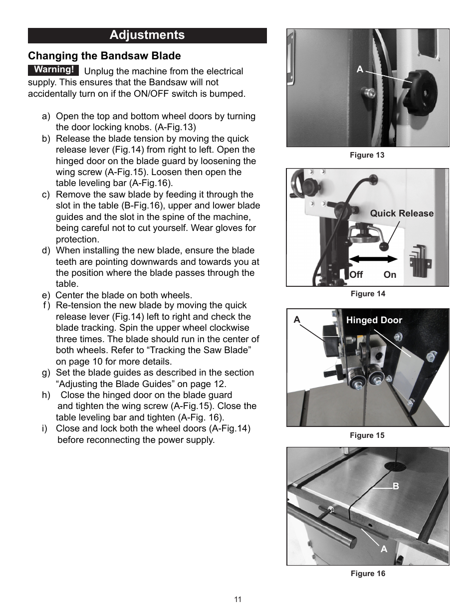 Adjustments, Changing the bandsaw blade | RIKON Power Tools 10-350BAL User Manual | Page 11 / 32