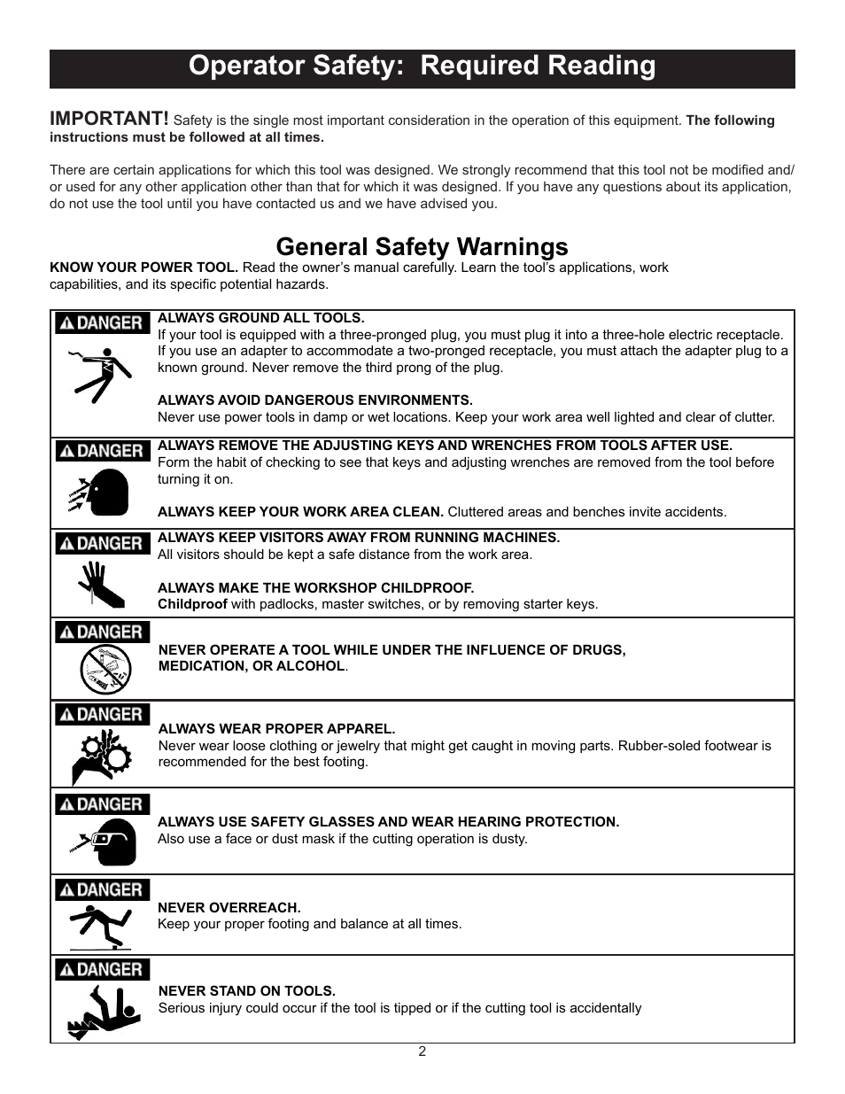 Operator safety: required reading, General safety warnings, Important | RIKON Power Tools 10-350BAL User Manual | Page 2 / 32
