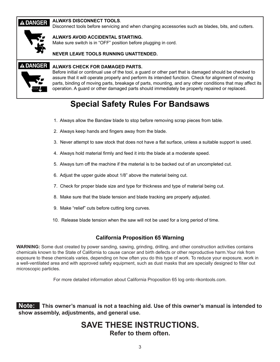 Refer to them often | RIKON Power Tools 10-350BAL User Manual | Page 3 / 32