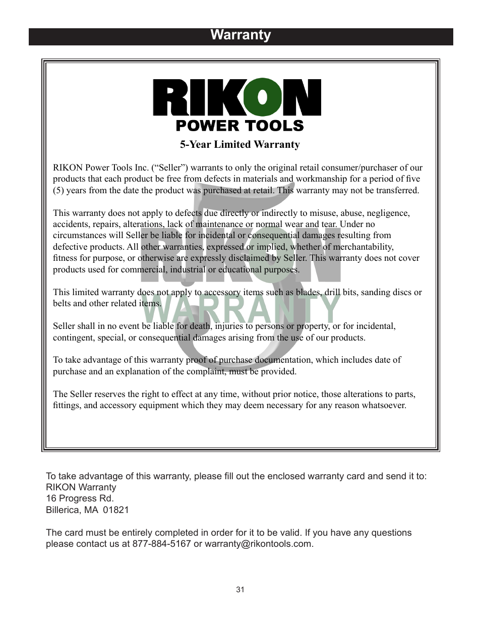 Warranty | RIKON Power Tools 10-350BAL User Manual | Page 31 / 32