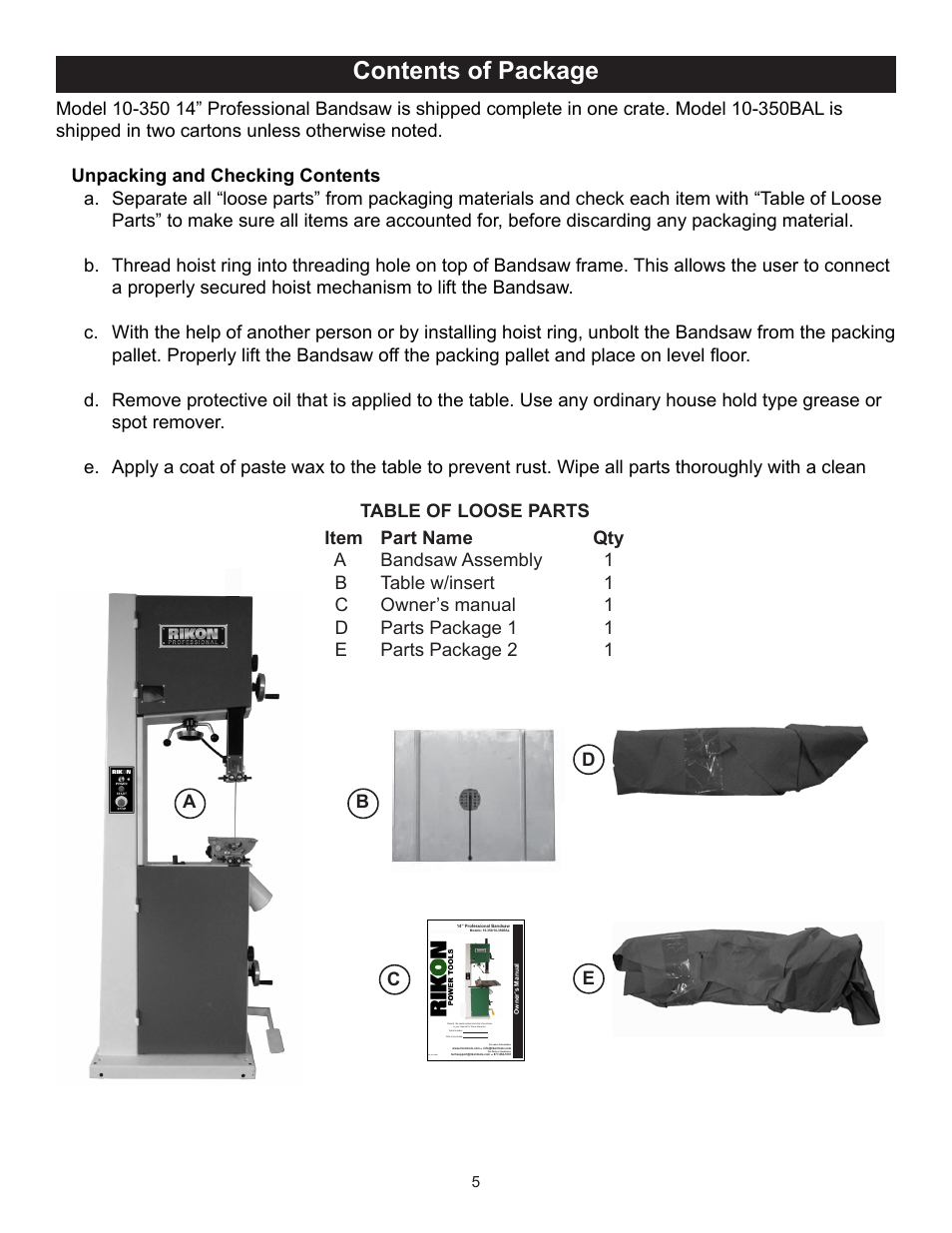 Contents of package, Ab c d e | RIKON Power Tools 10-350BAL User Manual | Page 5 / 32