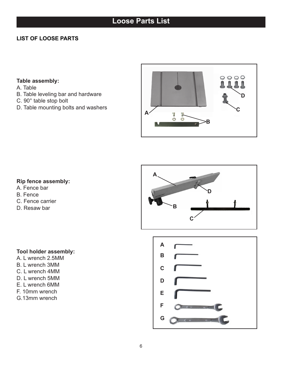 Loose parts list | RIKON Power Tools 10-350BAL User Manual | Page 6 / 32