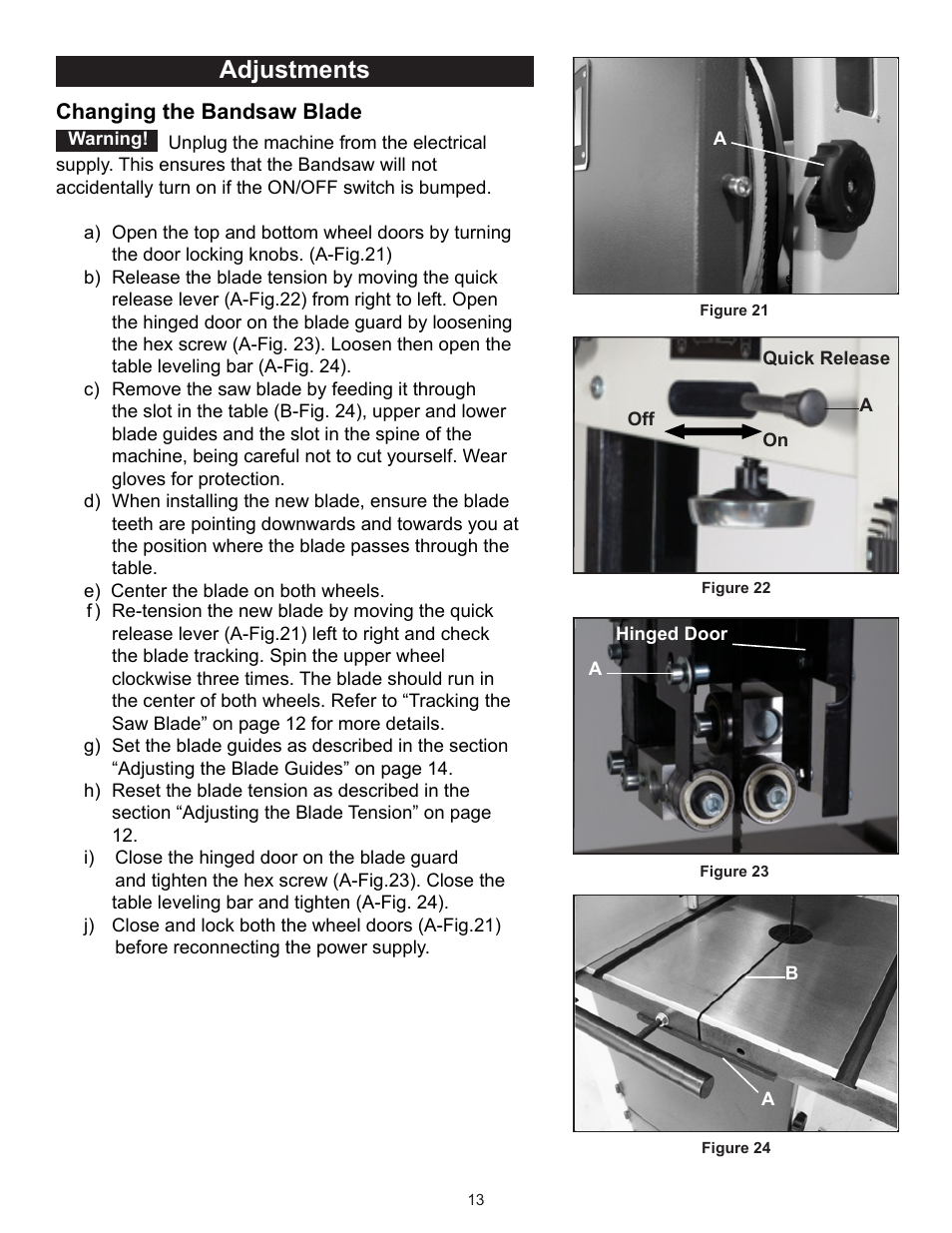 Adjustments, Changing the bandsaw blade | RIKON Power Tools 10-370 User Manual | Page 13 / 34