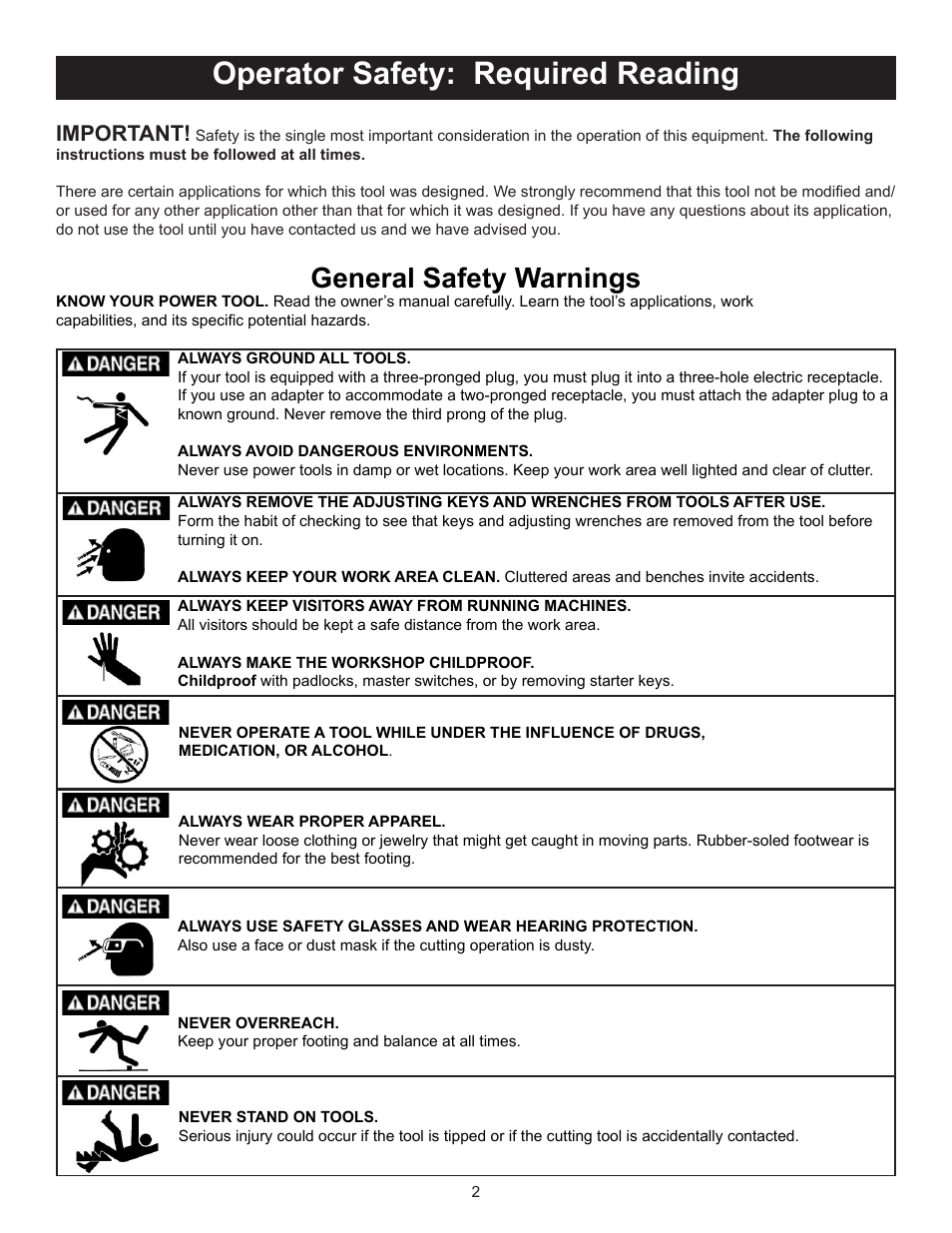 Operator safety: required reading, General safety warnings, Important | RIKON Power Tools 10-370 User Manual | Page 2 / 34