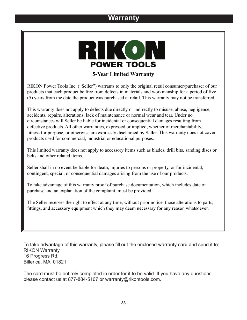 Warranty | RIKON Power Tools 10-370 User Manual | Page 33 / 34