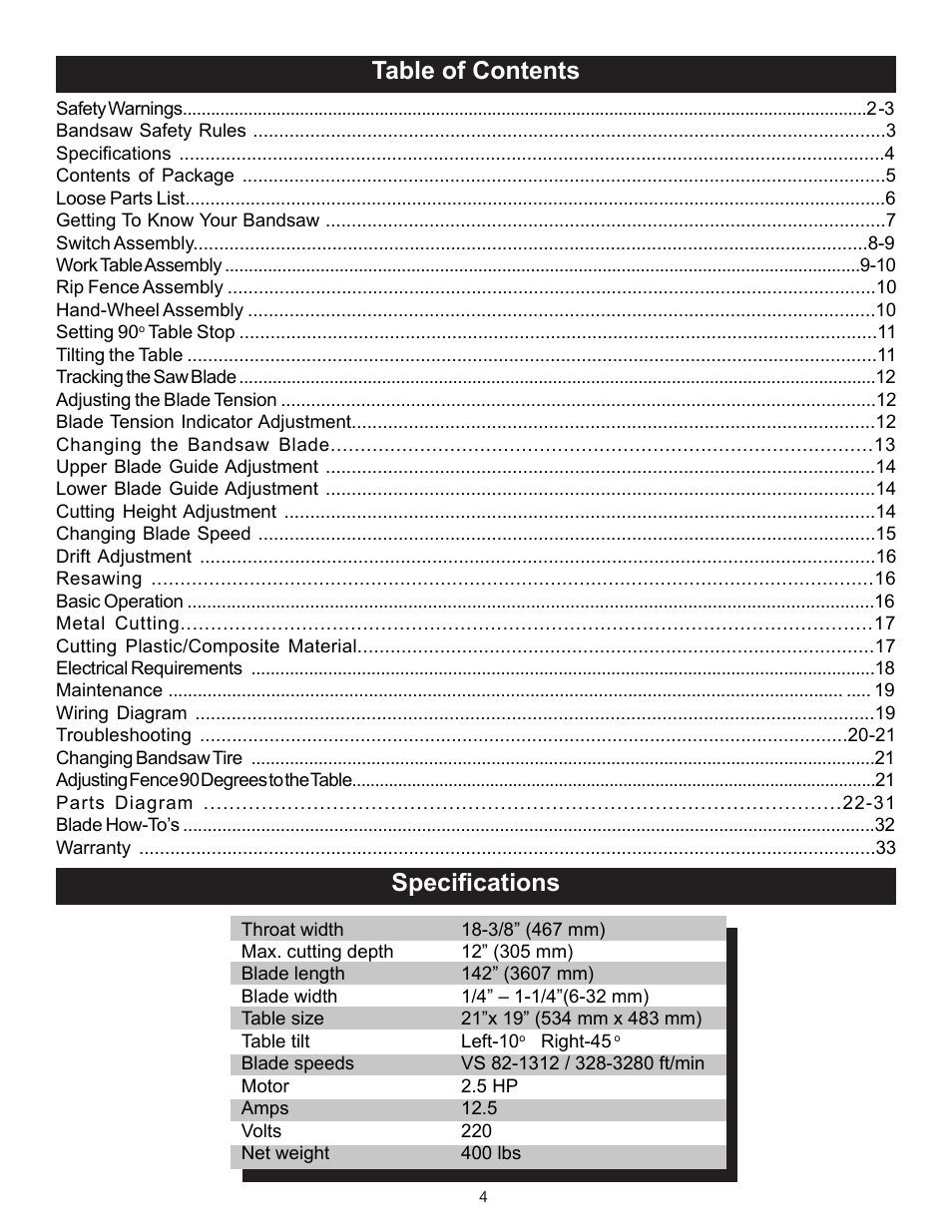 Table of contents specifications | RIKON Power Tools 10-370 User Manual | Page 4 / 34
