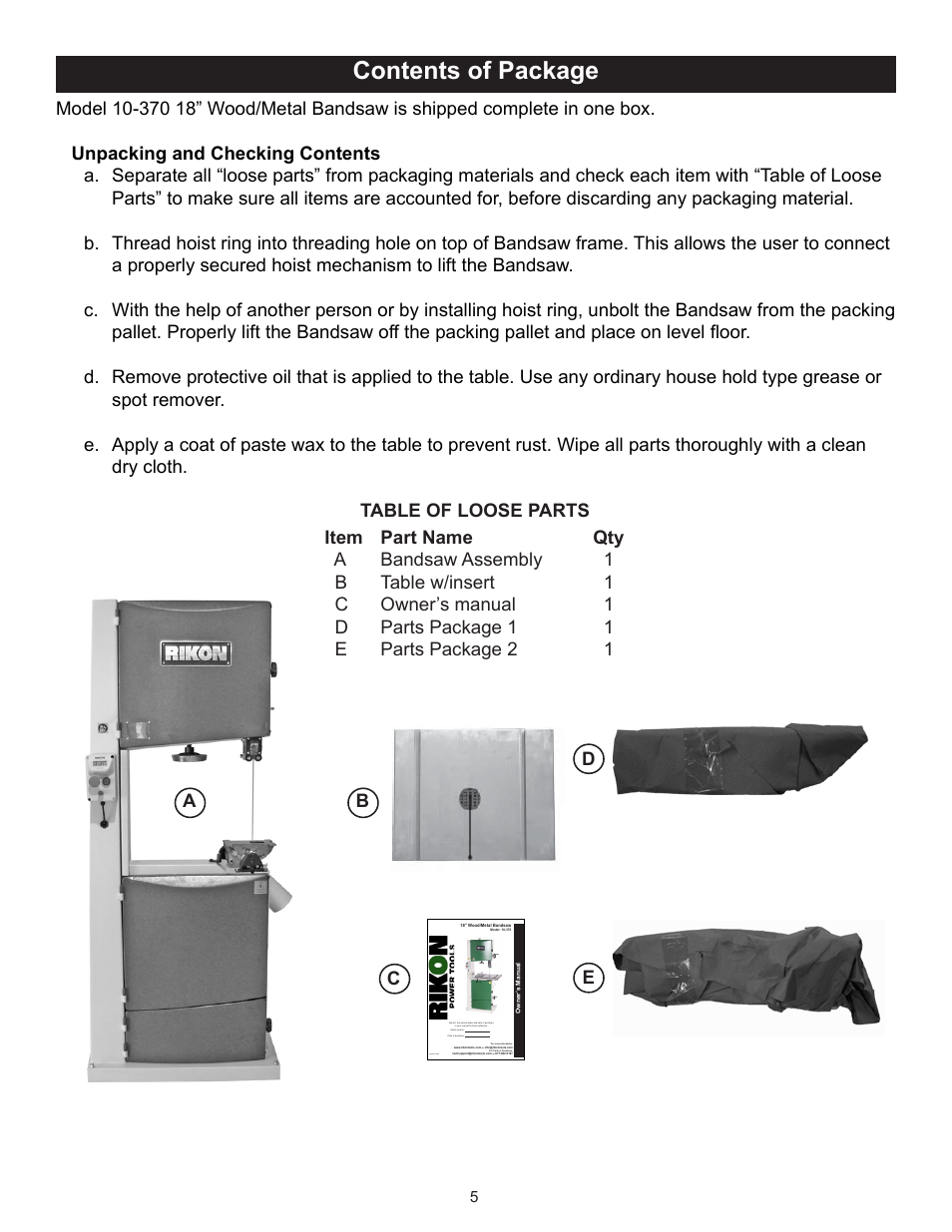 Contents of package, Ab c d e | RIKON Power Tools 10-370 User Manual | Page 5 / 34