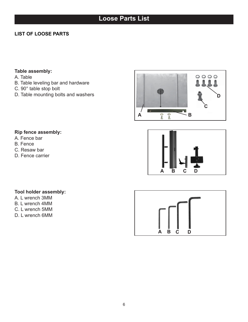 Loose parts list | RIKON Power Tools 10-370 User Manual | Page 6 / 34