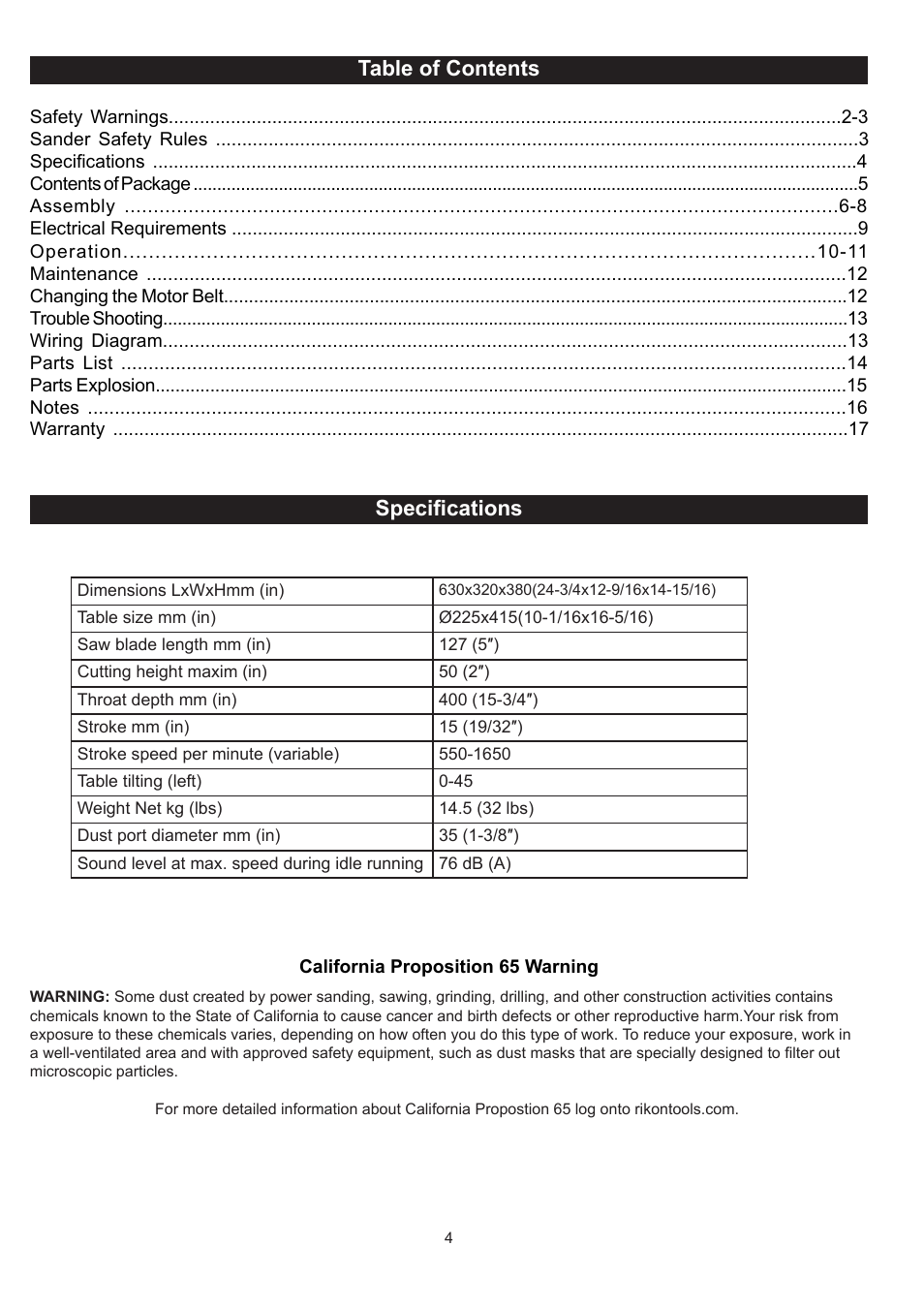 Table of contents specifications | RIKON Power Tools 10-600VS User Manual | Page 4 / 17