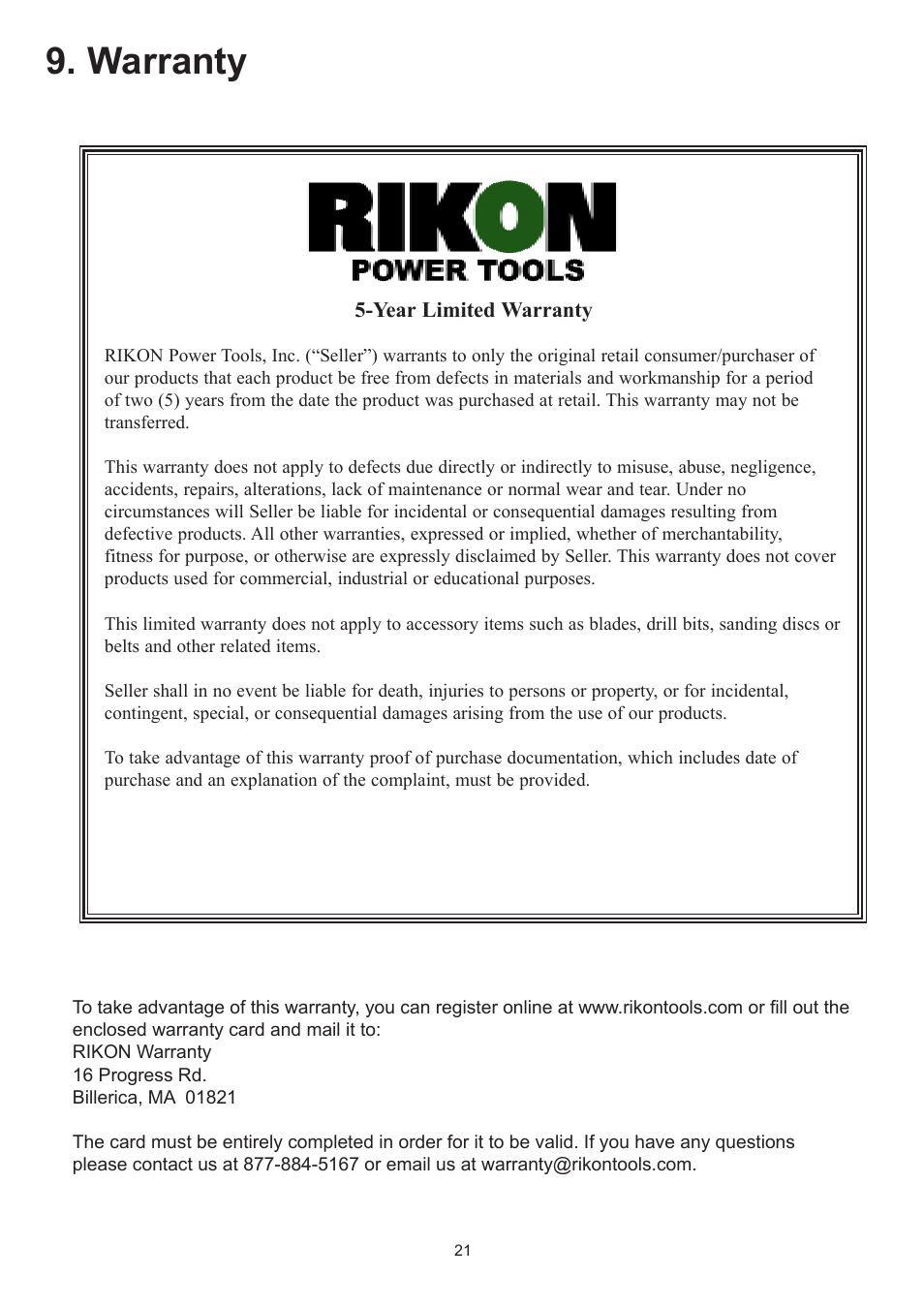 Warranty | RIKON Power Tools 23-400 User Manual | Page 21 / 22