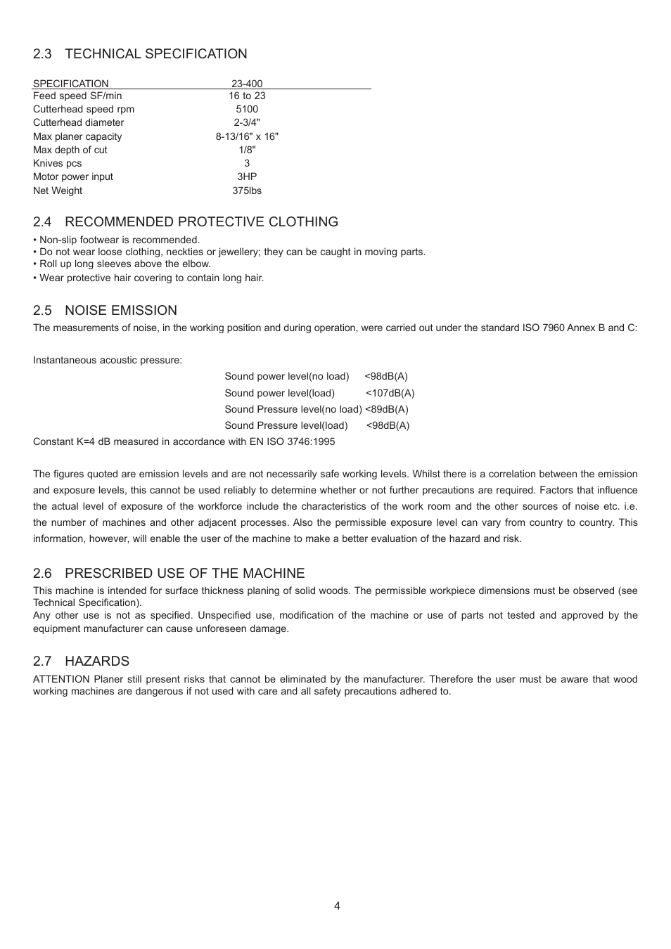 3 technical specification, 4 recommended protective clothing, 5 noise emission | 6 prescribed use of the machine, 7 hazards | RIKON Power Tools 23-400 User Manual | Page 4 / 22