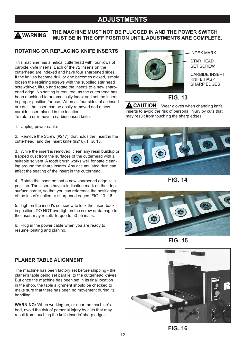 Adjustments, Fig. 14 fig. 13, Fig. 15 | Fig. 16 | RIKON Power Tools 23-400H User Manual | Page 12 / 28