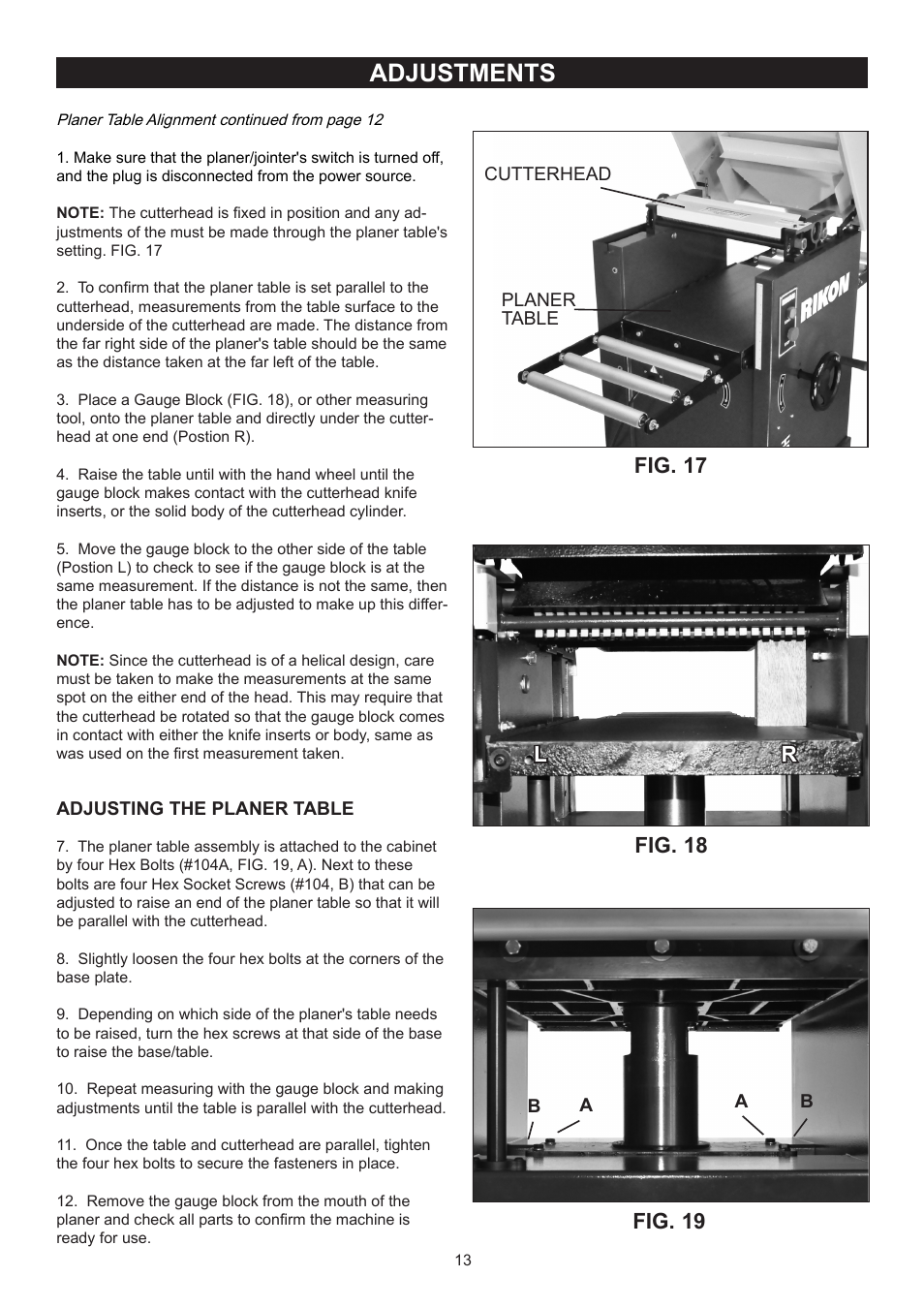 Adjustments, Fig. 17, Fig. 18 fig. 19 | RIKON Power Tools 23-400H User Manual | Page 13 / 28