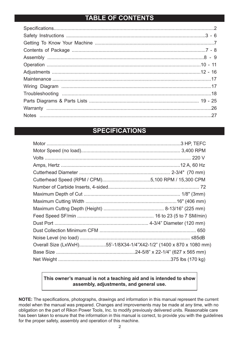 Table of contents specifications | RIKON Power Tools 23-400H User Manual | Page 2 / 28