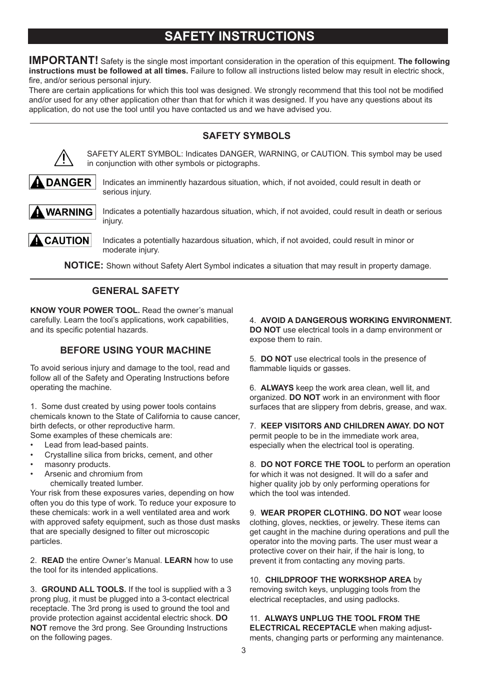 Safety instructions, Important | RIKON Power Tools 23-400H User Manual | Page 3 / 28