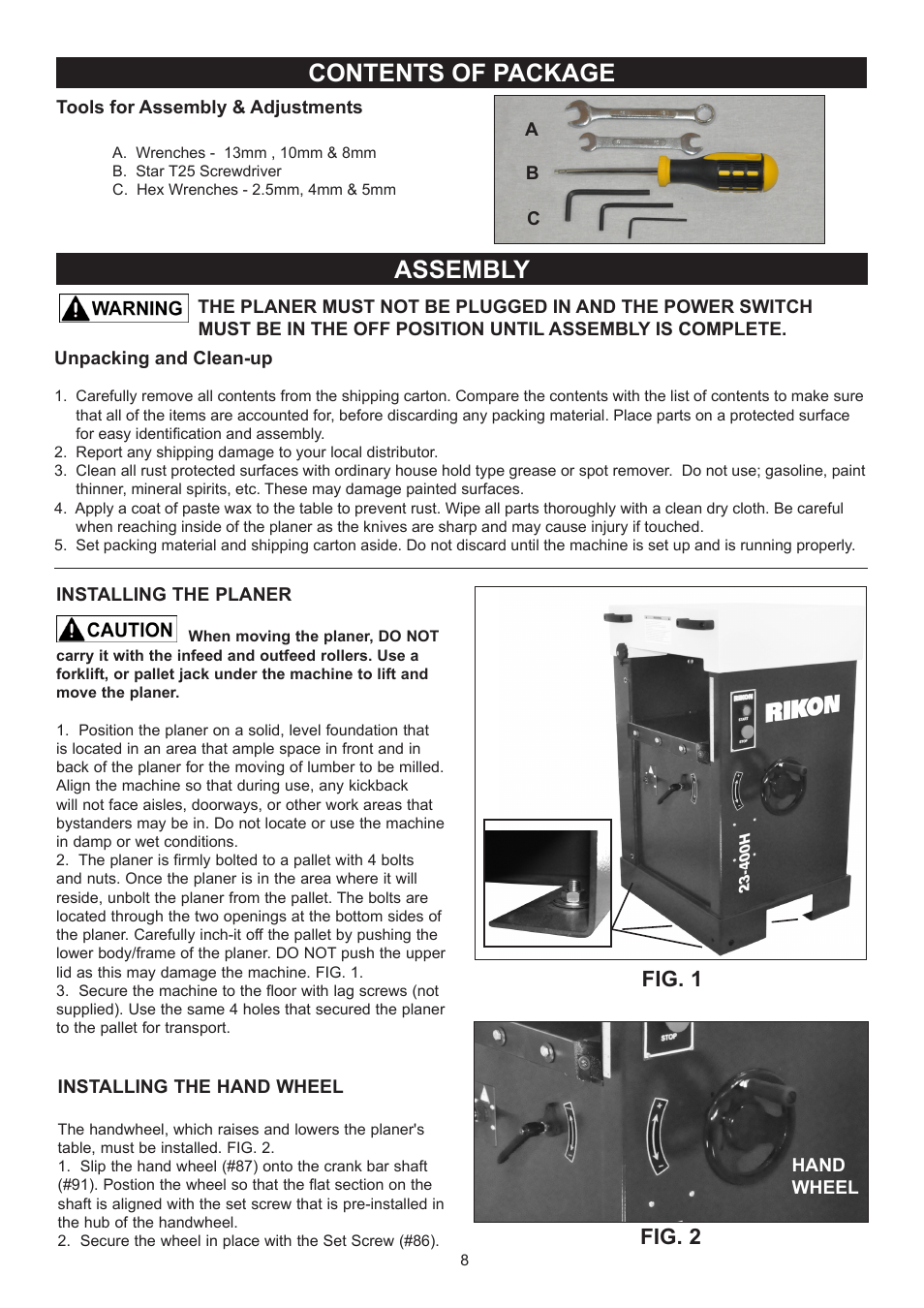 Assembly, Contents of package, Fig. 2 | Fig. 1 | RIKON Power Tools 23-400H User Manual | Page 8 / 28