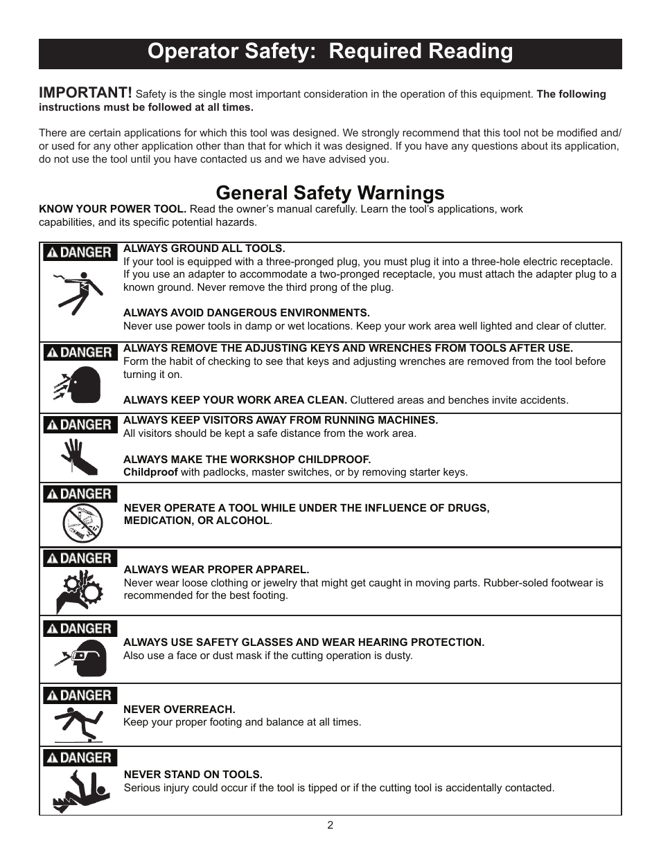 Operator safety: required reading, General safety warnings, Important | RIKON Power Tools 25-010 User Manual | Page 2 / 26